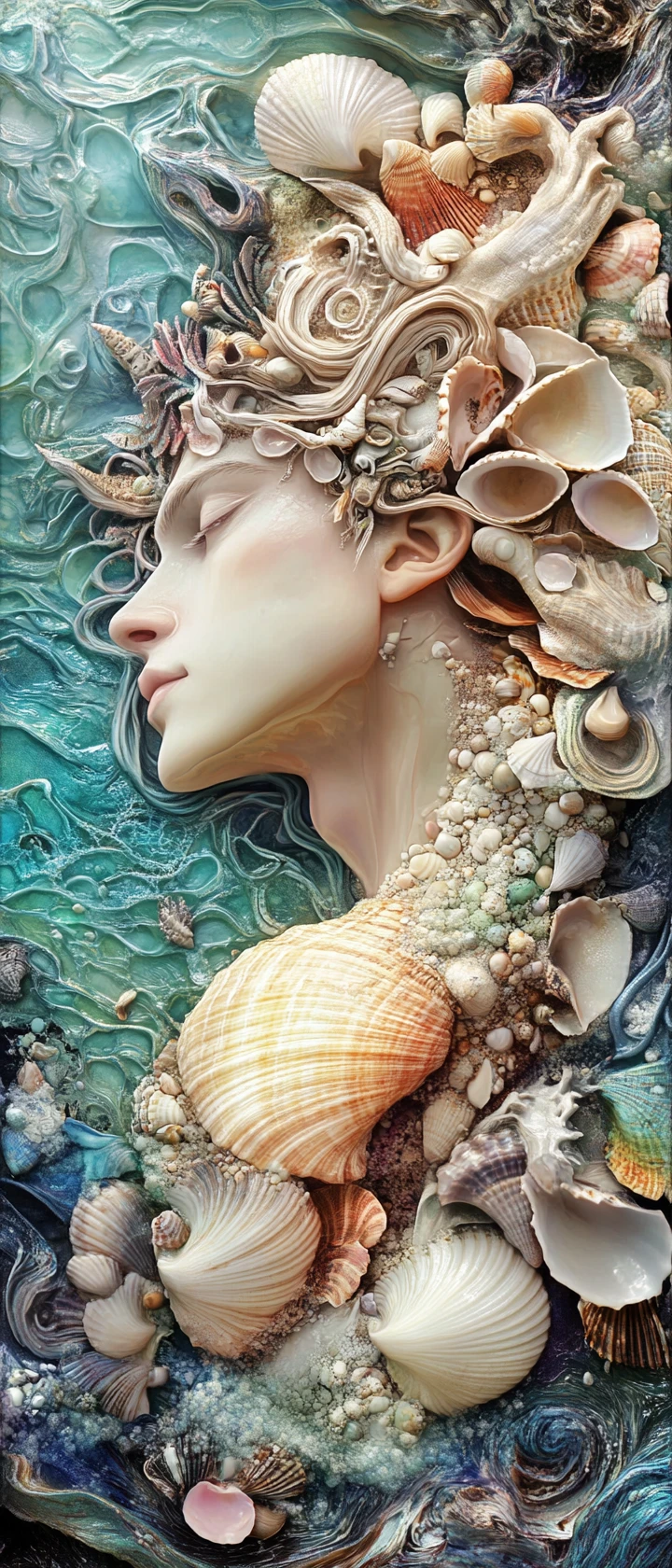 Surreal portrait of a powerful seashell skinned mermaid king