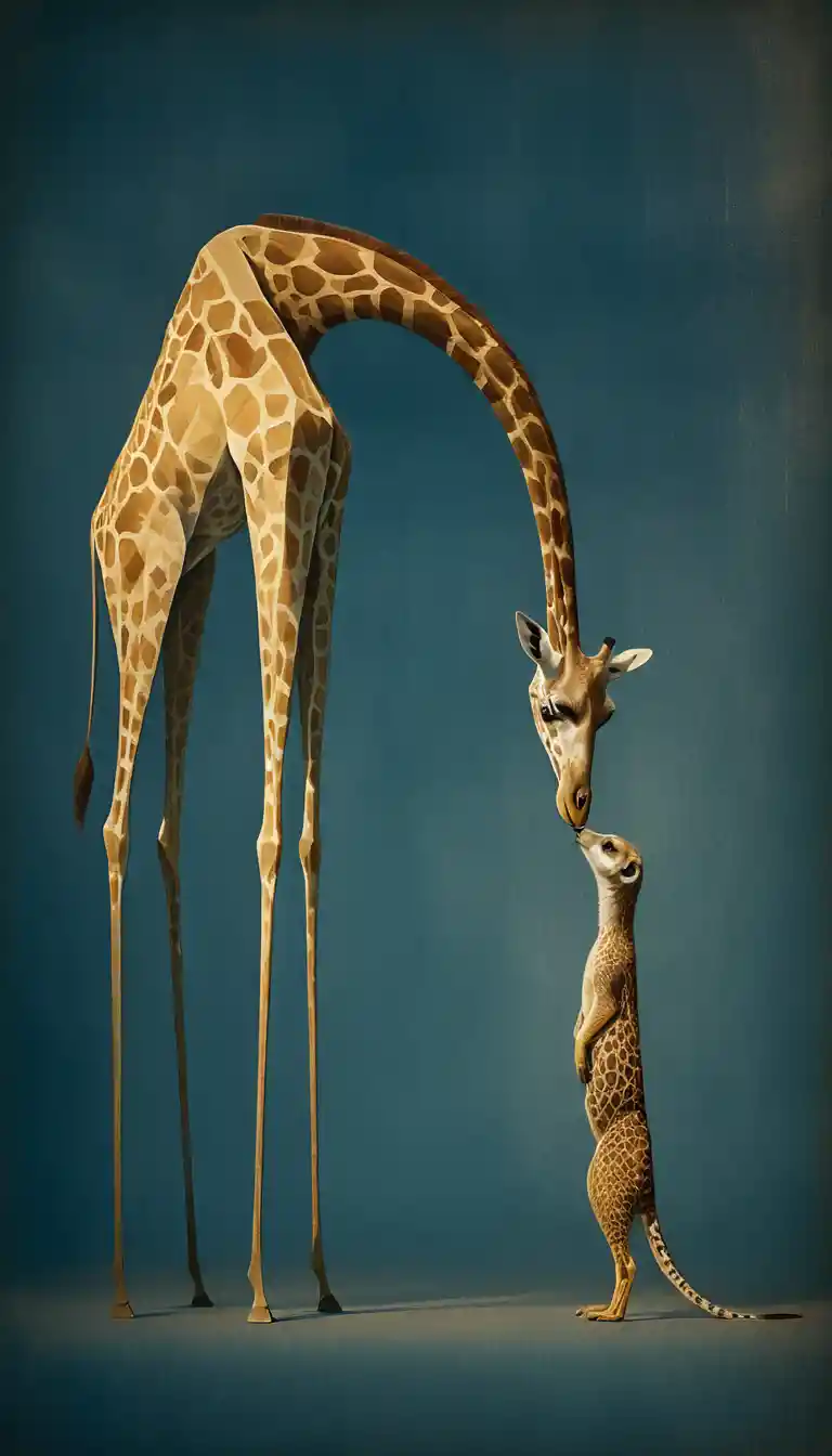 Surreal digital illustration of a giraffe meeting a meerkat