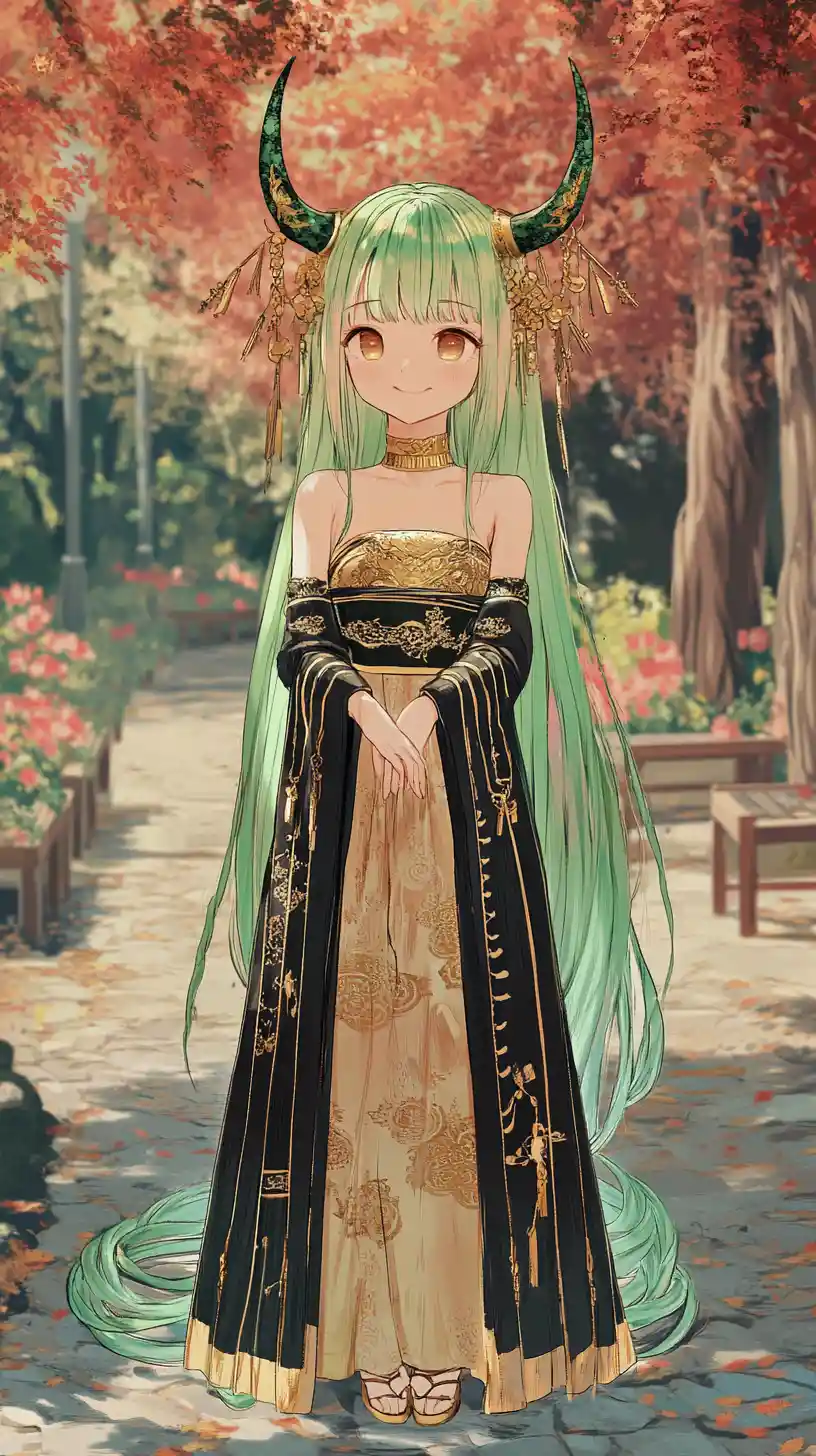 Fille anime aux cornes de dragon en robe dorée dans un parc