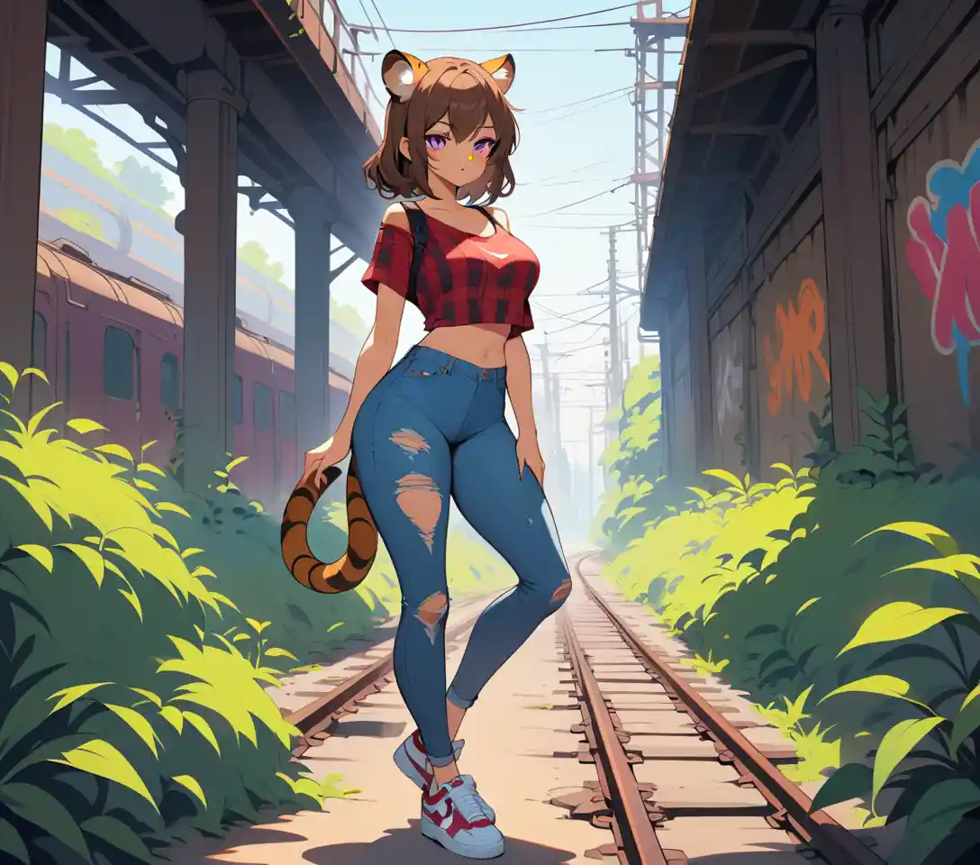 Tiger eared woman on abandoned railway in urban decay