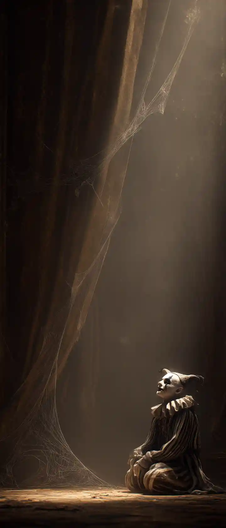 A solitary aging jester under a lonely stage spotlight