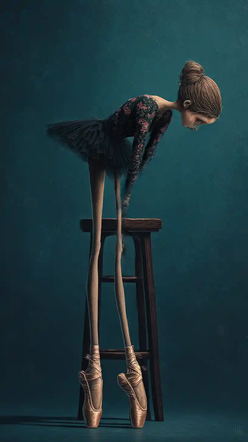 Surreal ballerina resting on a tall stool in soft light