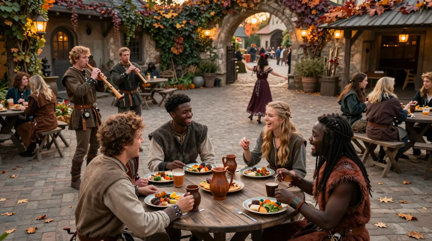 Des amis partageant un repas dans la cour d’une taverne fantastique au coucher du soleil