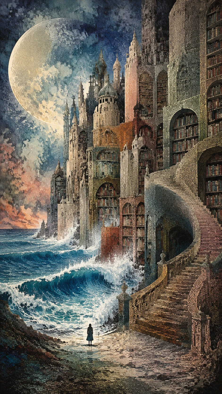 Uralte Ozeanbibliothek erhebt sich als Klippen in einer mondbeschienenen surrealen Landschaft