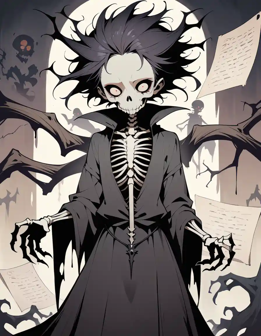 Gaunt skeletal figure on twisted tree against eerie parchment background