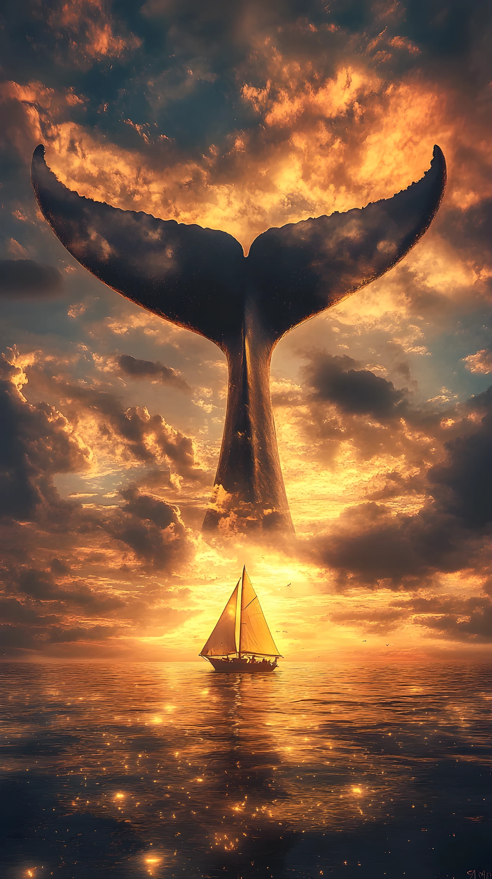 Cauda de baleia surreal erguendo-se sobre mar tempestuoso ao pôr do sol