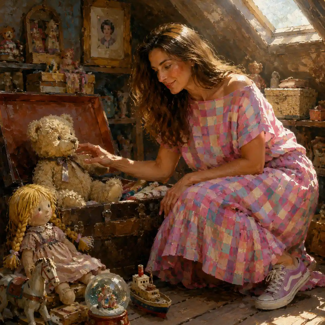 Woman in attic tenderly reaching for childhood teddy bear
