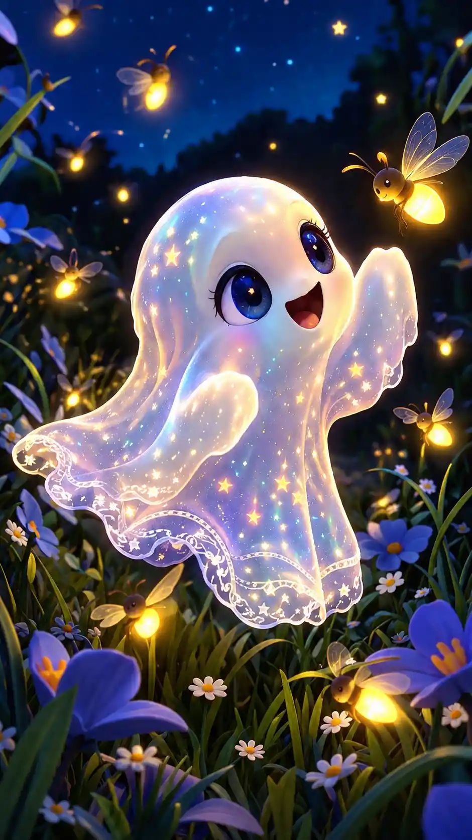 Whimsical glowing ghost playing in enchanted firefly meadow