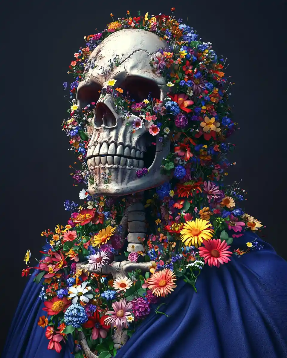 Comic 3D skeleton with flowers and blue cloak