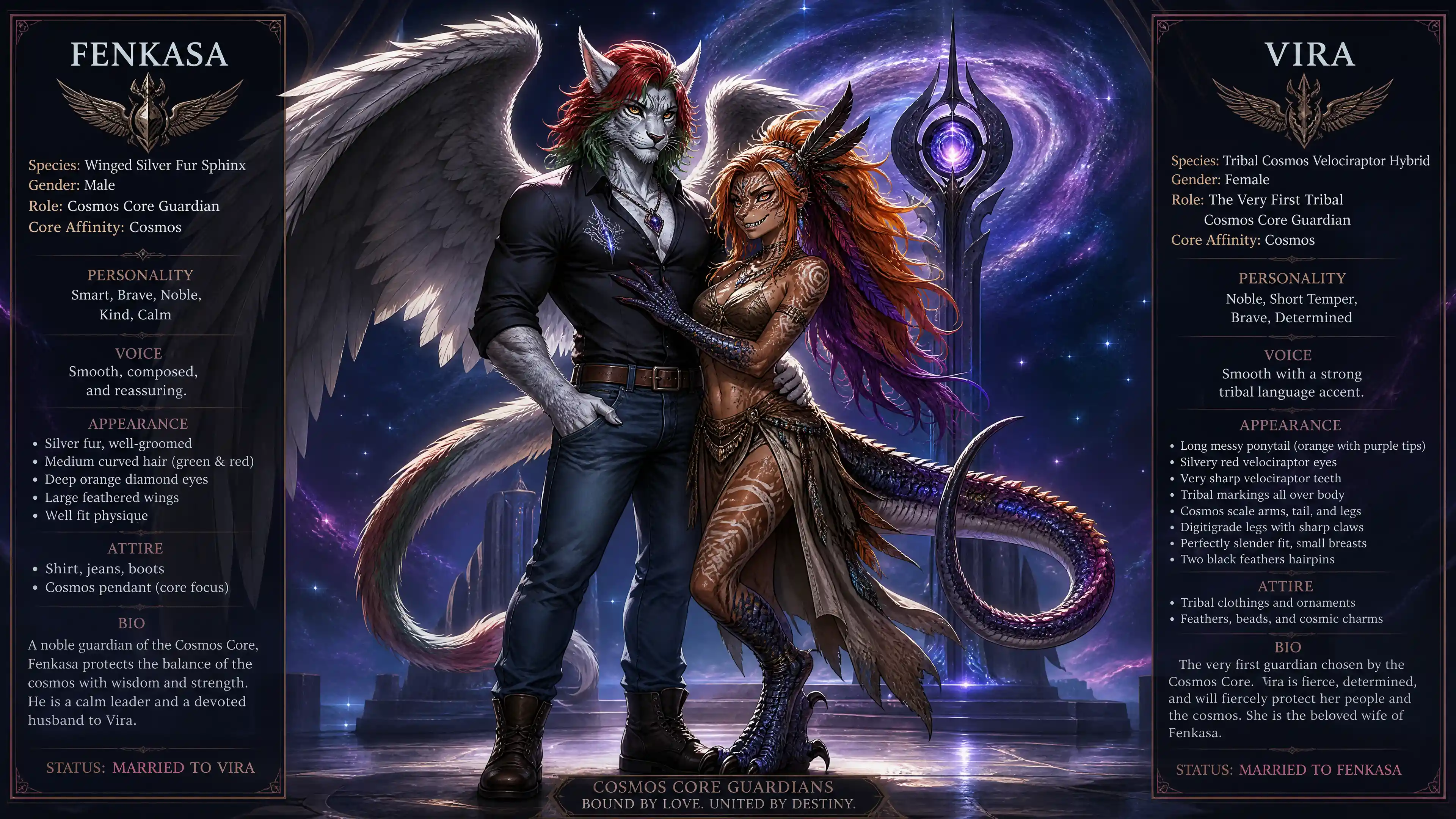Winged sphinx guardian standing beside a tribal velociraptor woman