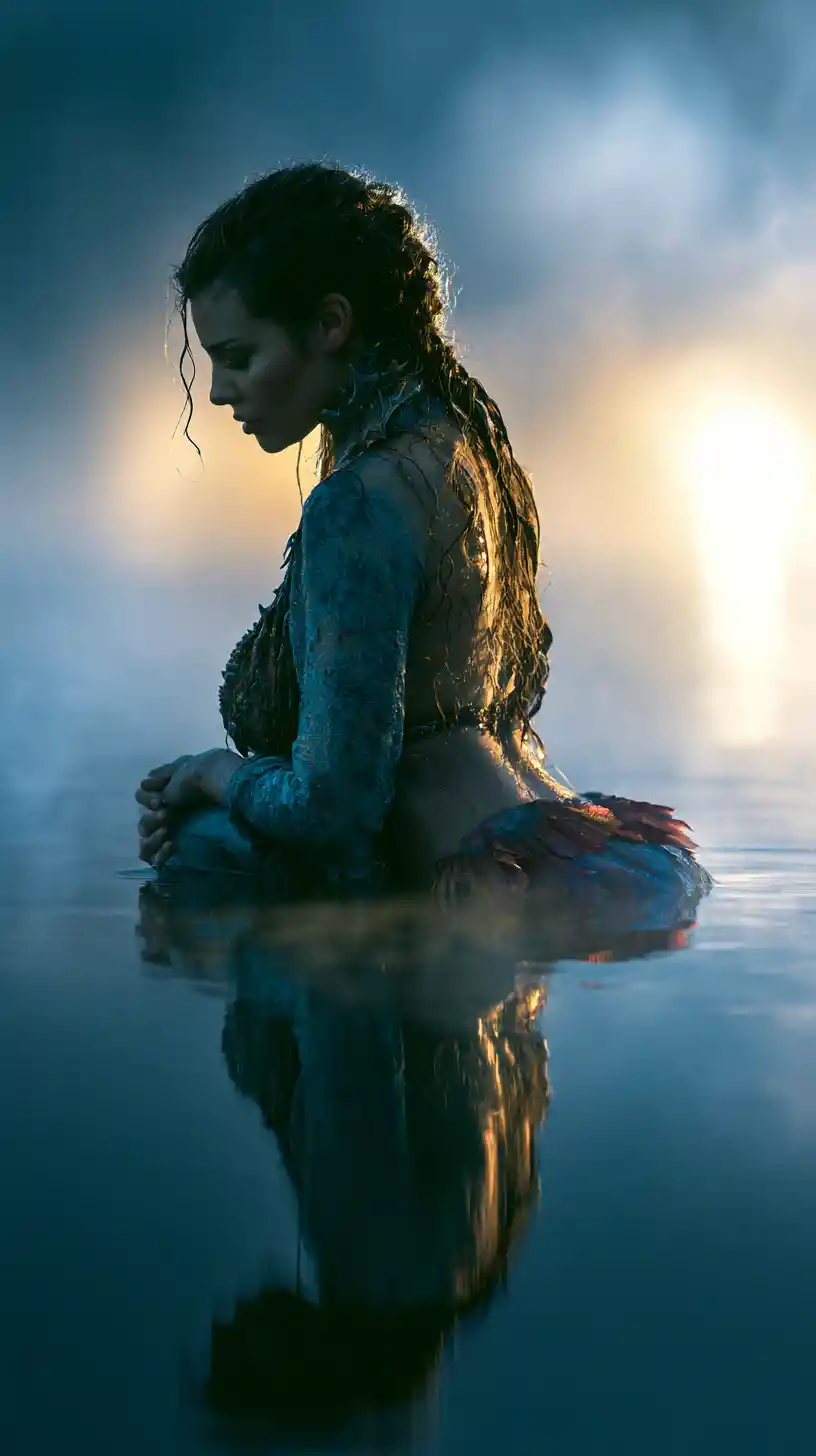 Mystical mermaid emerging from still water at dawn
