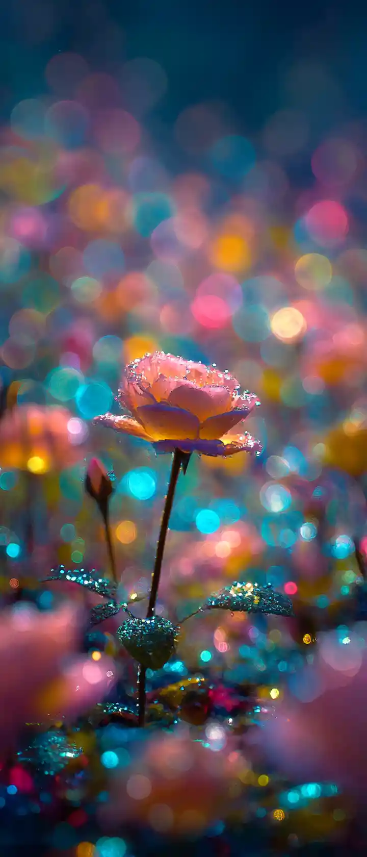 Close up rose in a glowing bioluminescent flower field