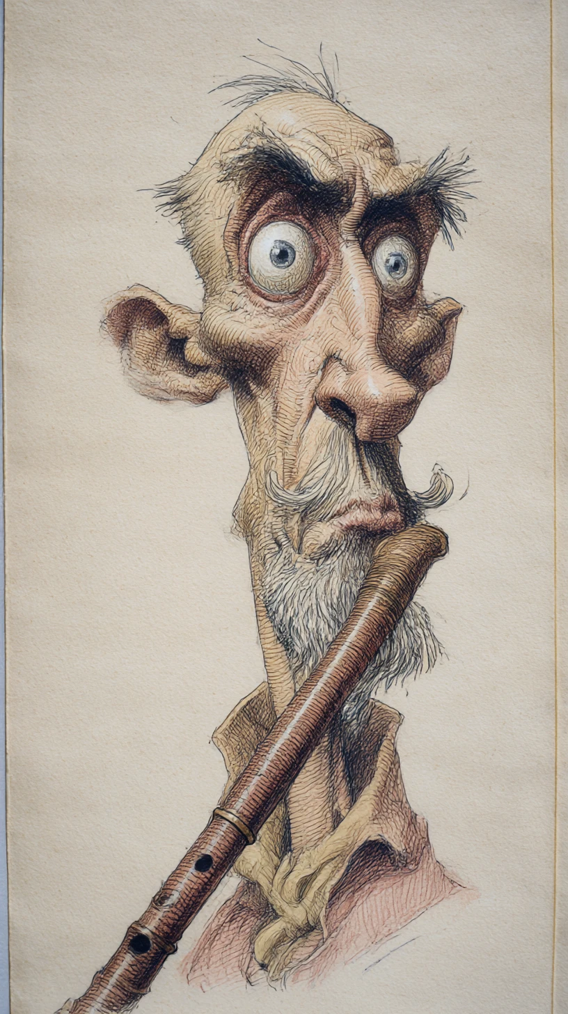 Caricatura gótica de un viejo flautista egipcio con ojos enormes