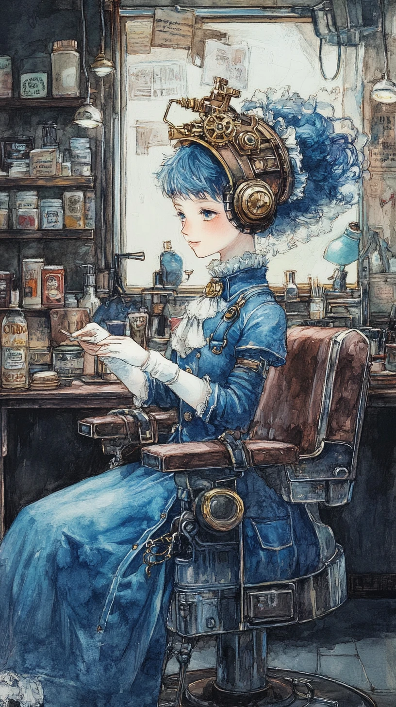 Charismatische weibliche Friseurin im blauen Steampunk-Mantel im Barbershop