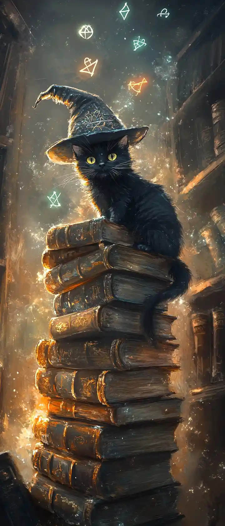 Black wizard cat atop ancient grimoires in arcane library