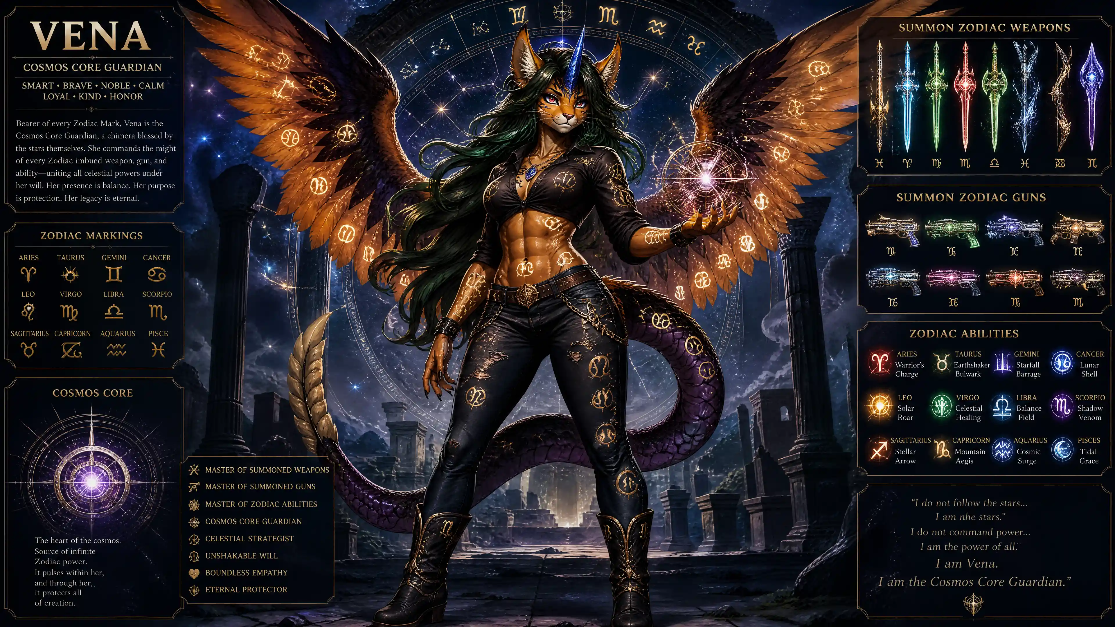 Winged chimera woman with zodiac markings and weapons
