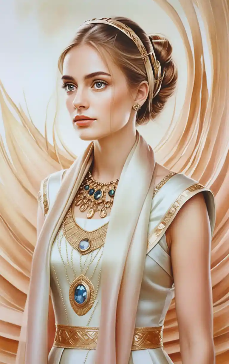 Watercolor portrait of a queen with sea silk scarf