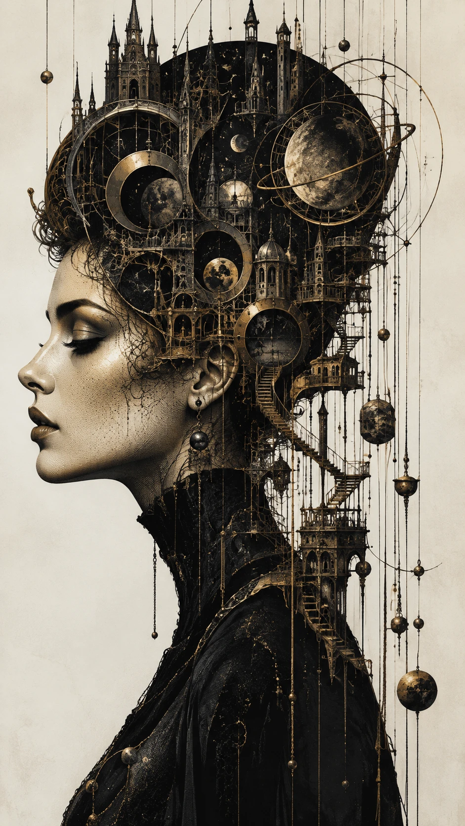 Perfil surreal de mulher fundindo-se em intrincada arquitetura gótica