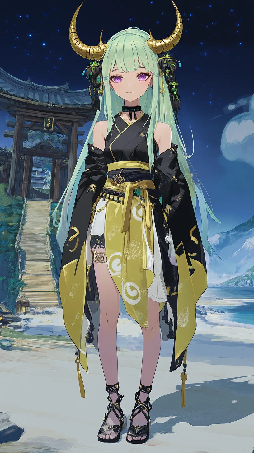 Chica anime con cuernos de dragón y atuendo celestial ornamentado