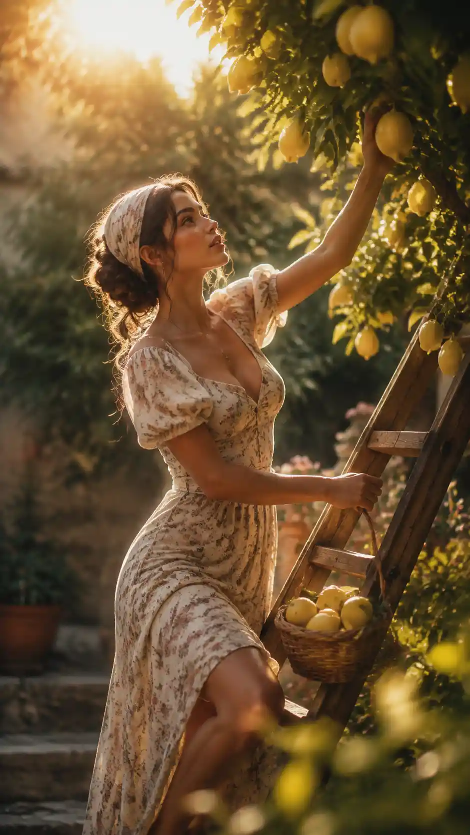 Italian woman on a ladder picking lemons in sunlight