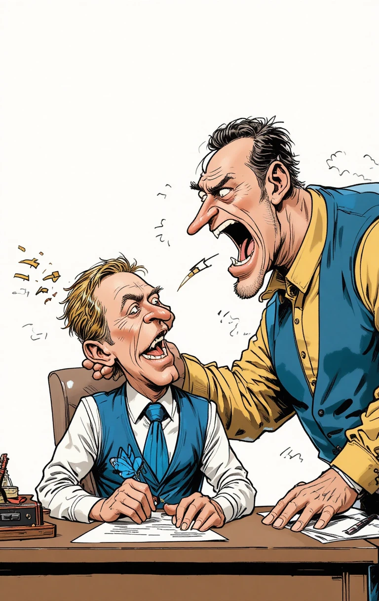 Angry boss yelling at anxious clerk in clear line comic