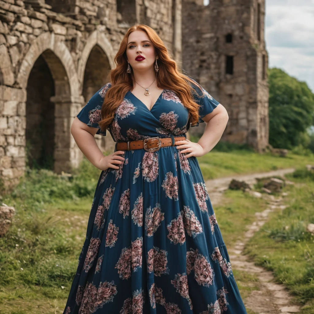 Mulher plus size de vestido longo em castelo em ruínas
