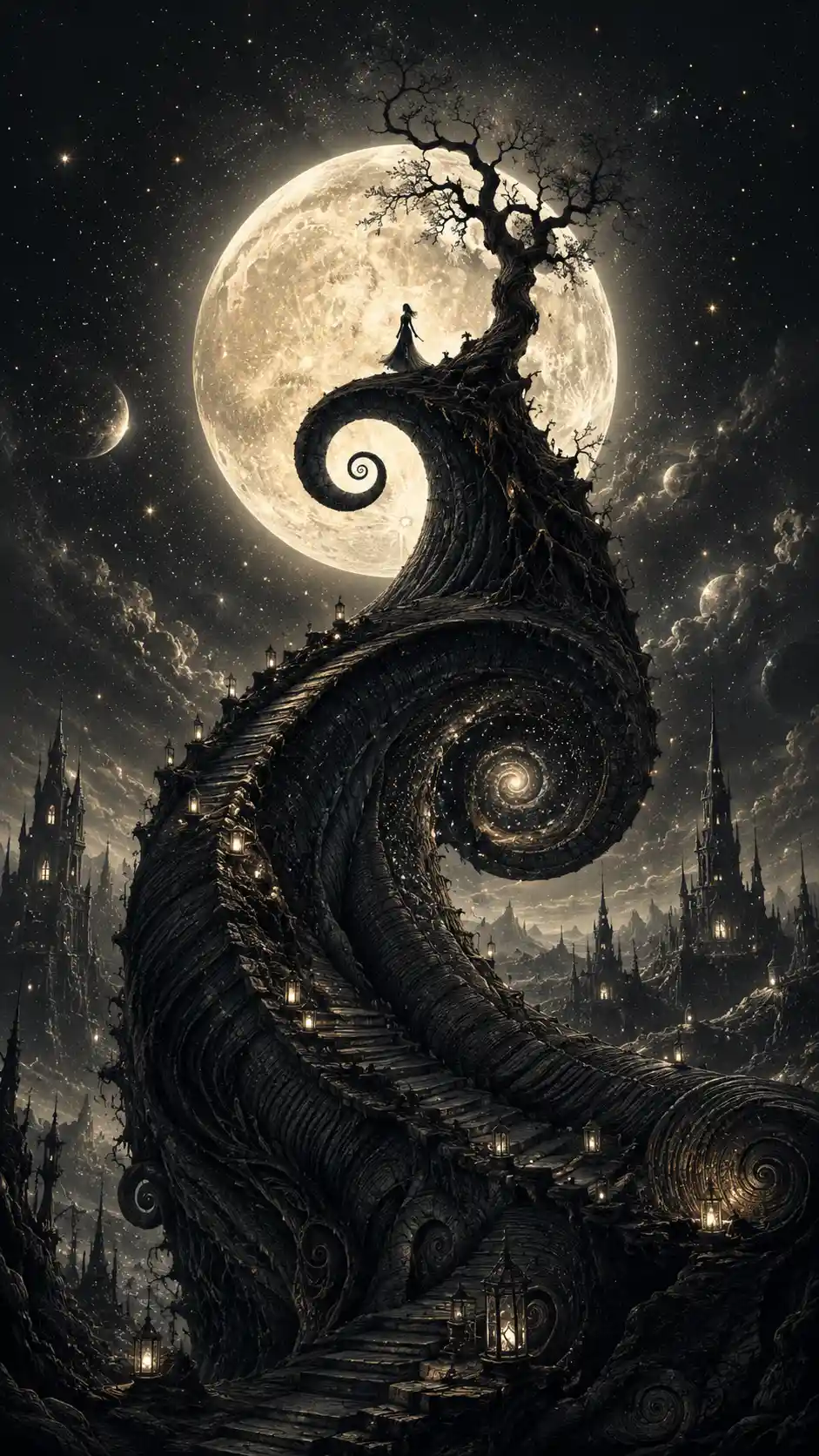 Woman on spiral summit beneath an enormous full moon
