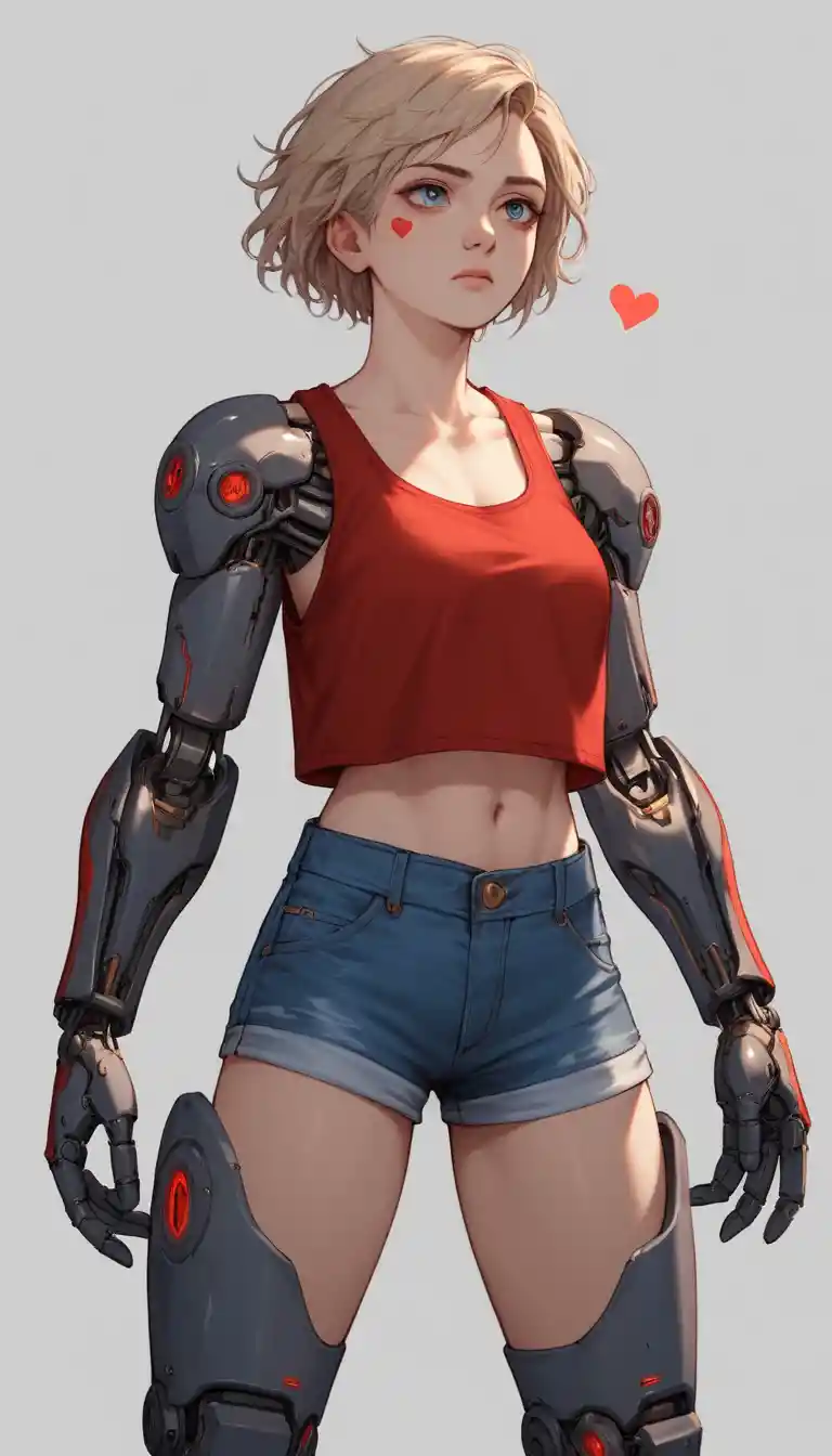 Cyborg anime girl with mechanical arms in casual outfit