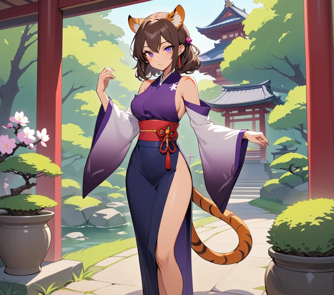 Scarred tigress woman in a serene Japanese garden