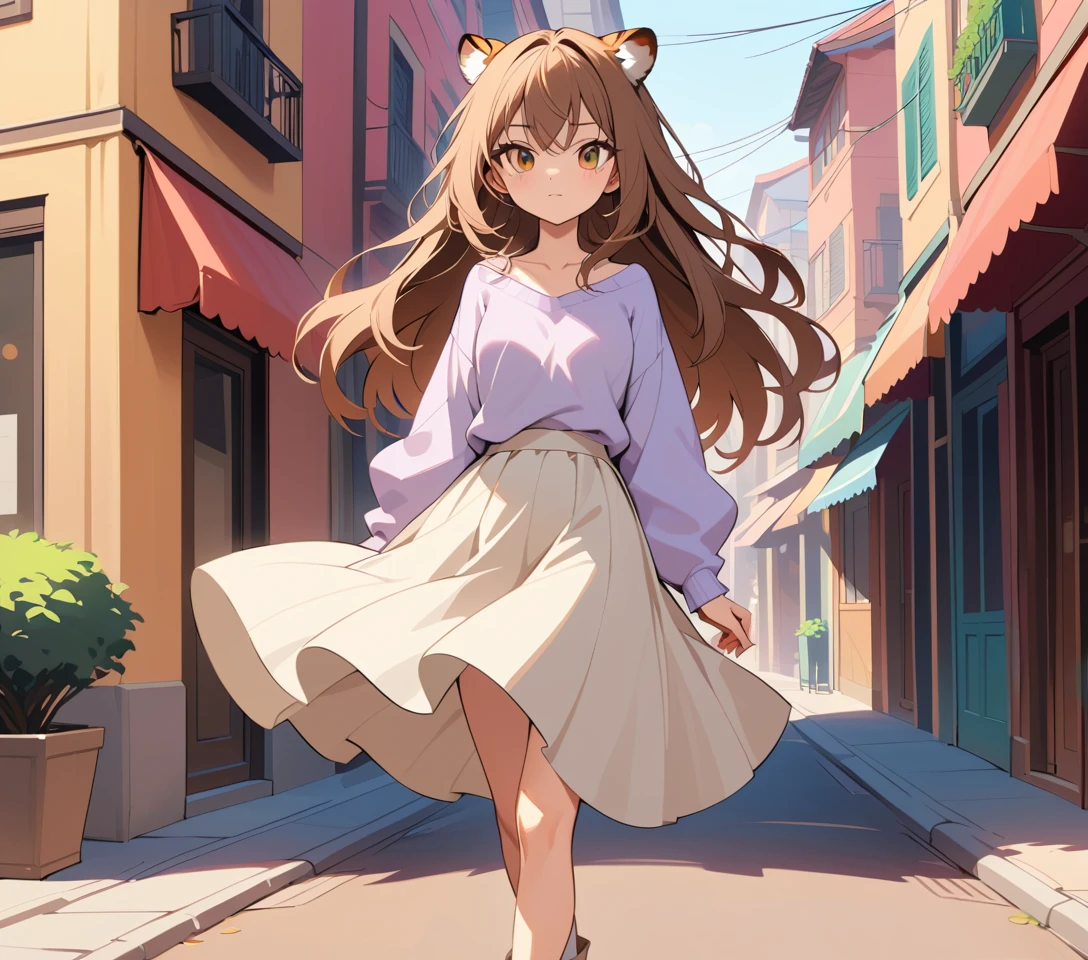 Confident woman in pastel outfit on sunny city street