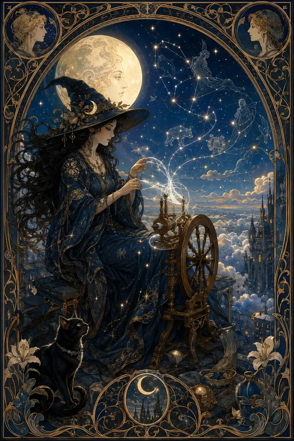 Moonlit witch weaving silver thread atop a cloud tower