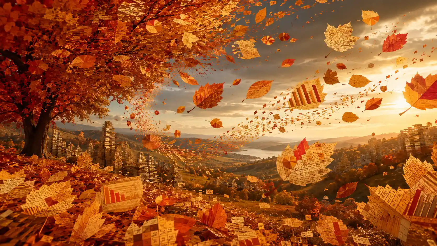 Campagna autunnale con vortici di foglie fatte di dati e grafici
