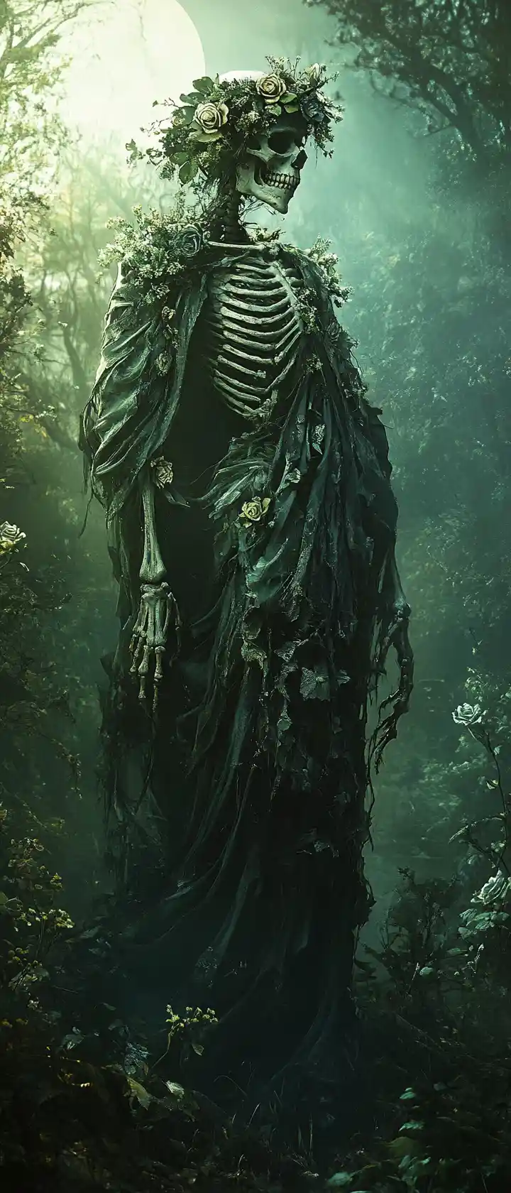 Ethereal skeleton queen in a moonlit overgrown garden