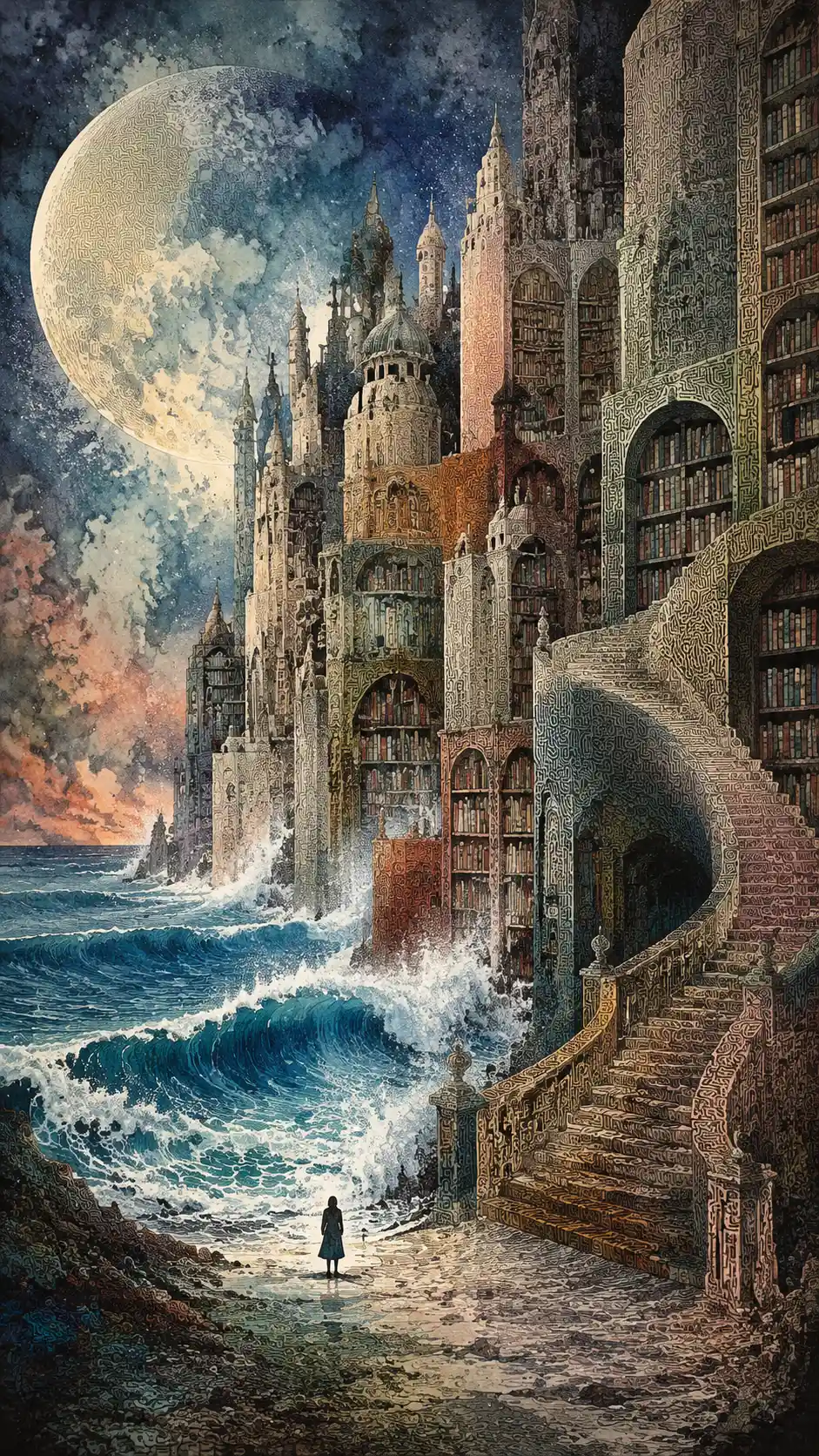 Ancient Ocean Library Rising As Cliffs In Moonlit Surreal Landscape