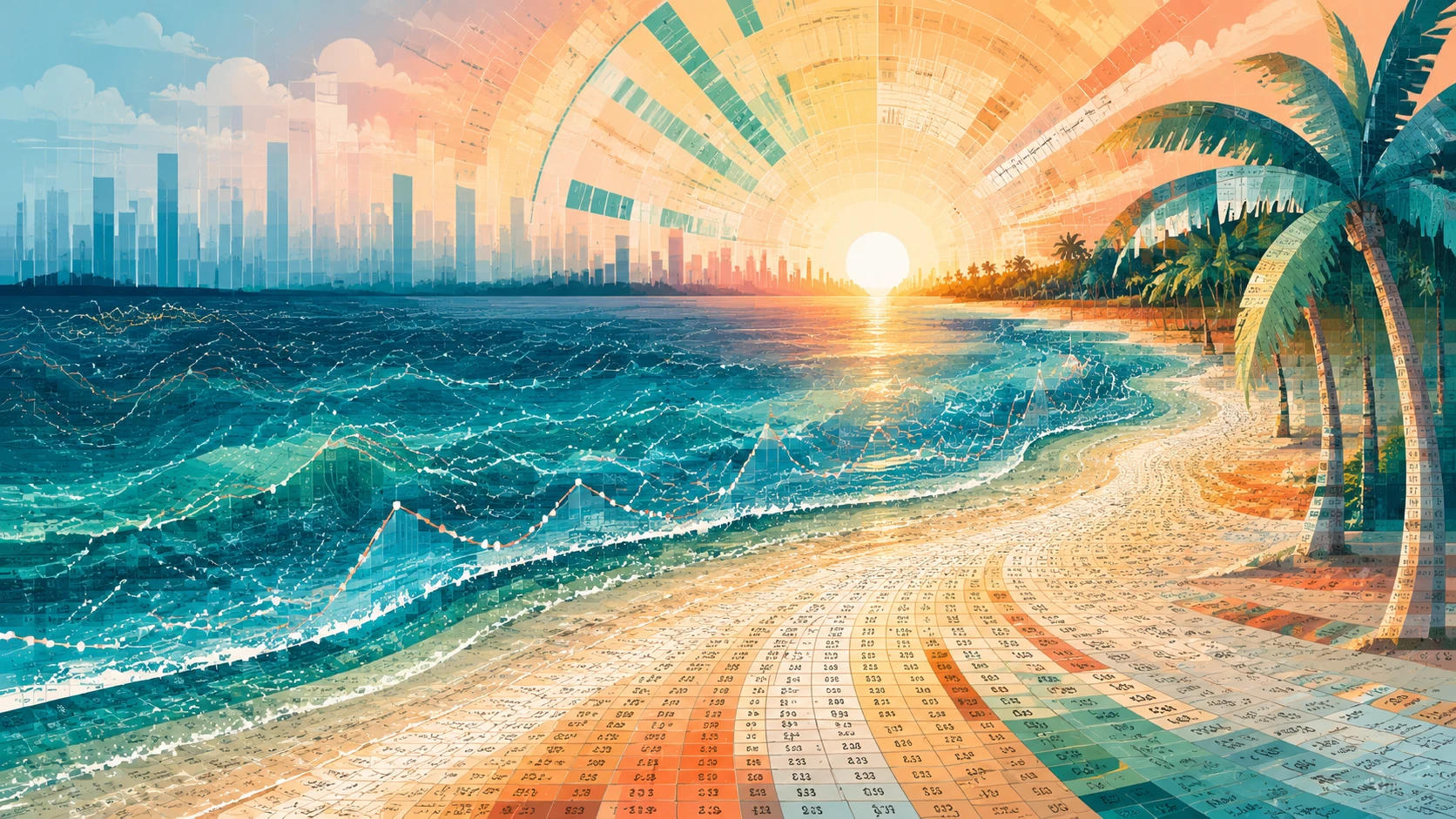 Cinematic data driven beach at golden hour with turquoise ocean