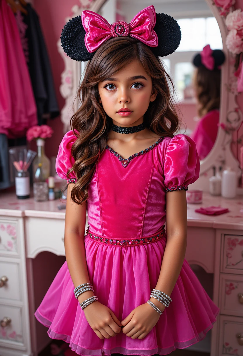 Nervous tween boy in princess costume at pink vanity