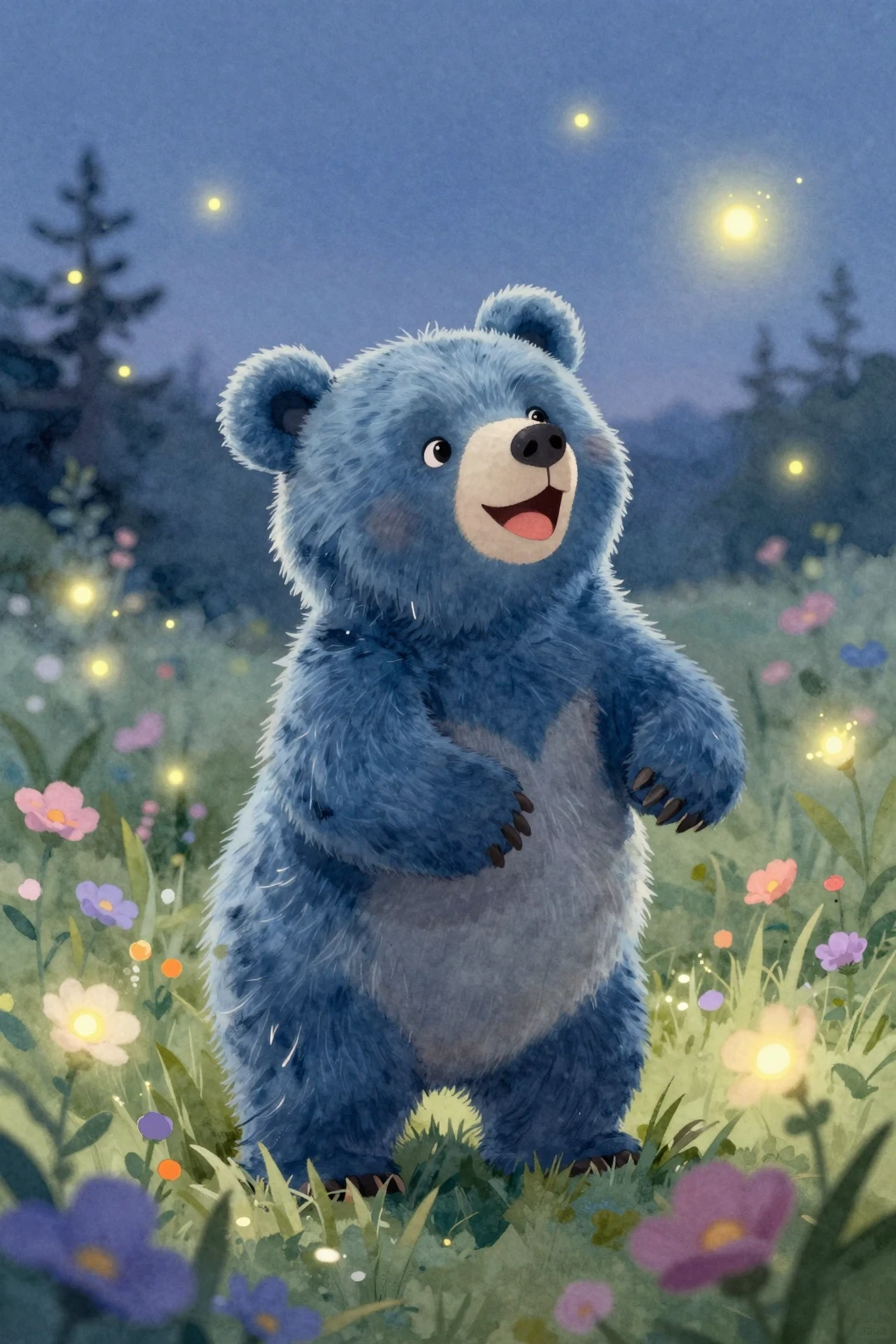 Joyful blue bear cub in a glowing fantasy flower meadow