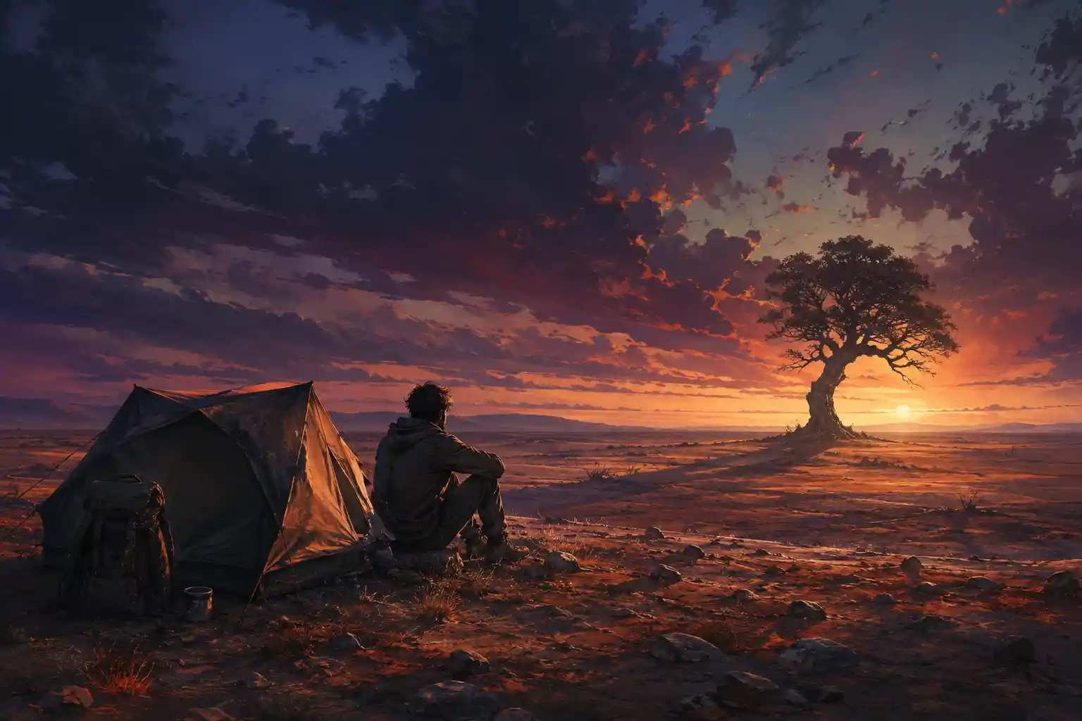 Lone camper beside a tent under a somber twilight sky