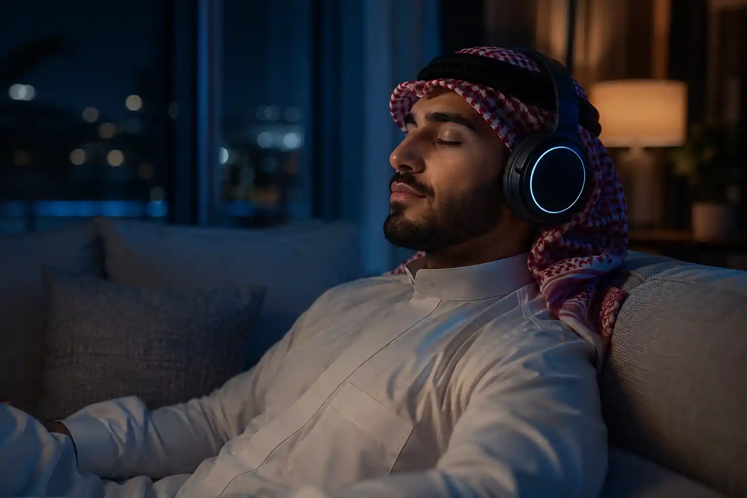 Middle Eastern man relaxing with headphones on sofa at night