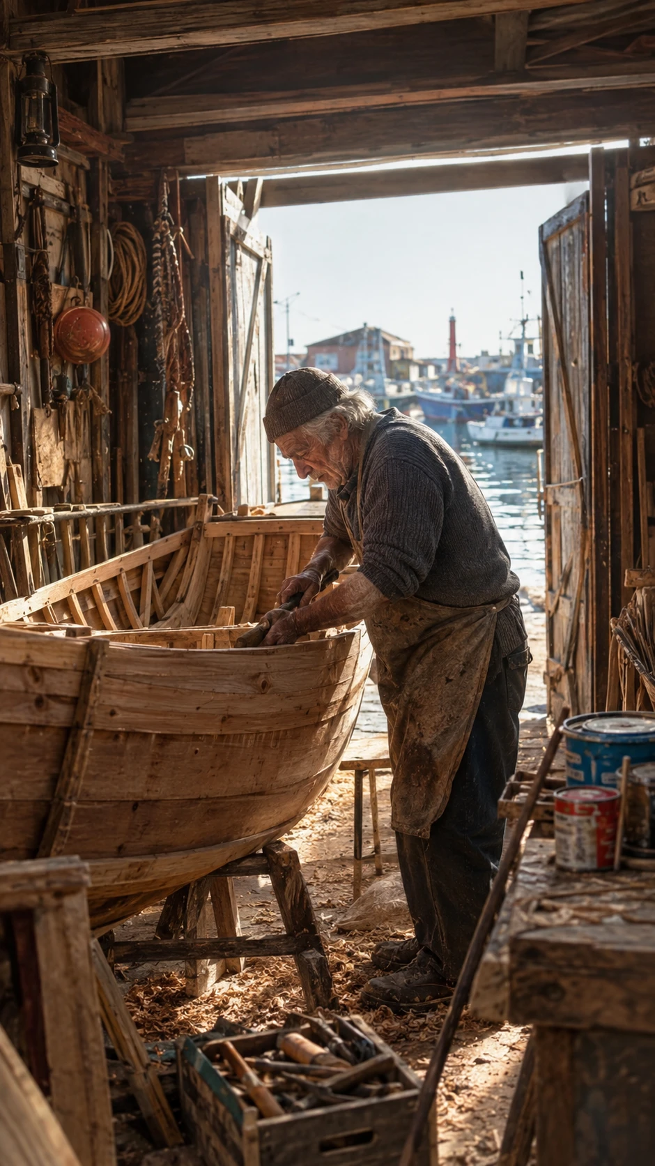 Construtor de barcos idoso na porta de uma pequena oficina à beira-mar