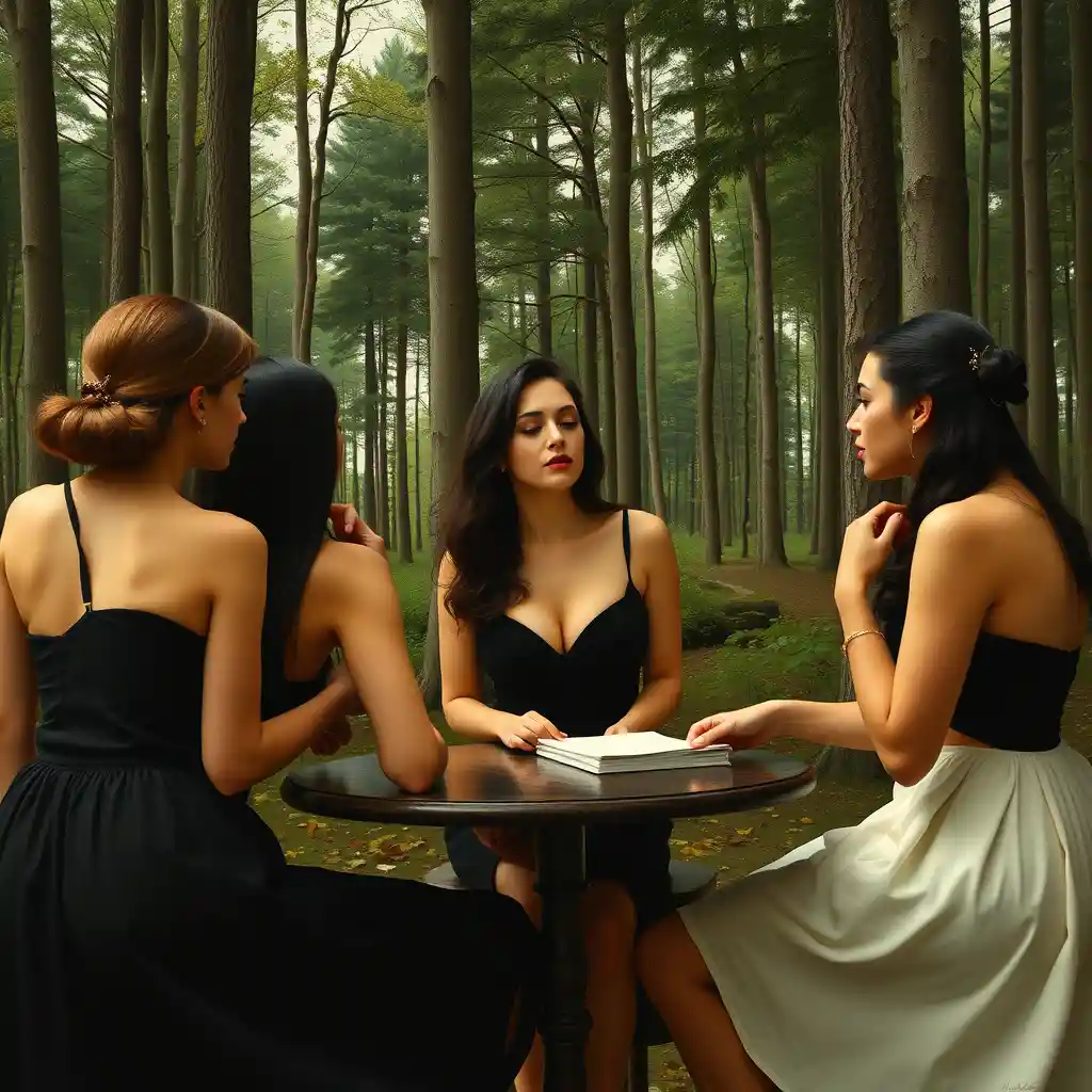 Group of people in a forest figurative painting