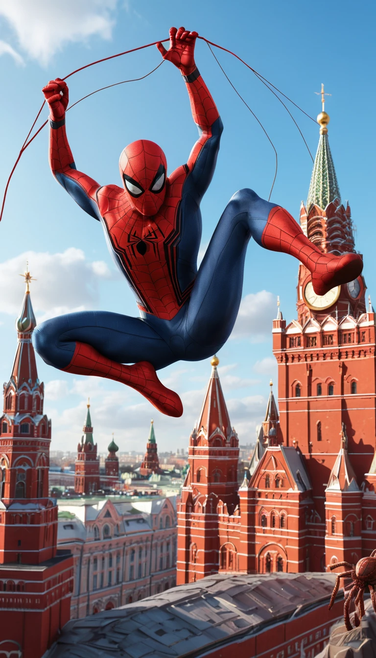 Super-herói balançando sobre a praça da cidade de Moscou com barra de chocolate