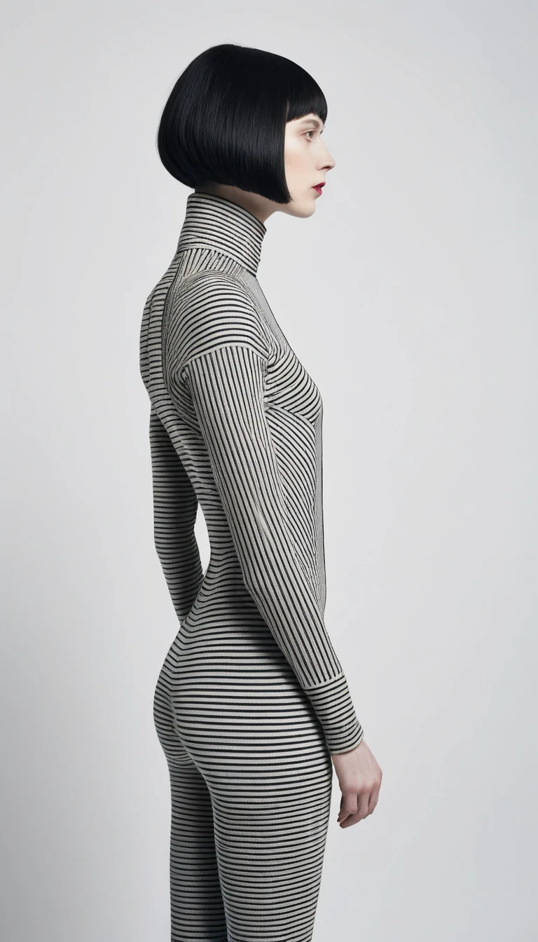 Monochrome Frau im gestreiften Bodysuit im Profil – Fashion-Porträt