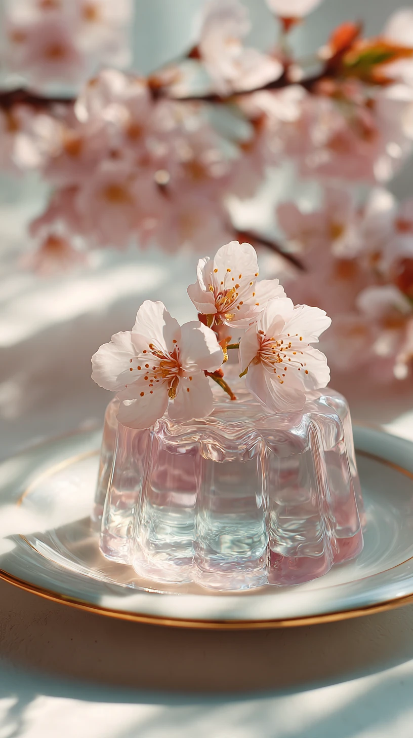 Sobremesa de gelatina de flor de cerejeira na luz da primavera em close