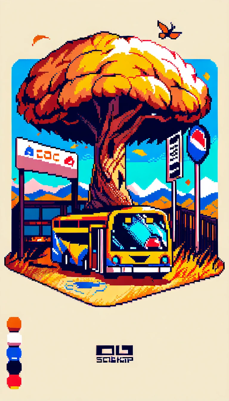 Garota de anime esperando em um ponto de ônibus de outono em pixel art