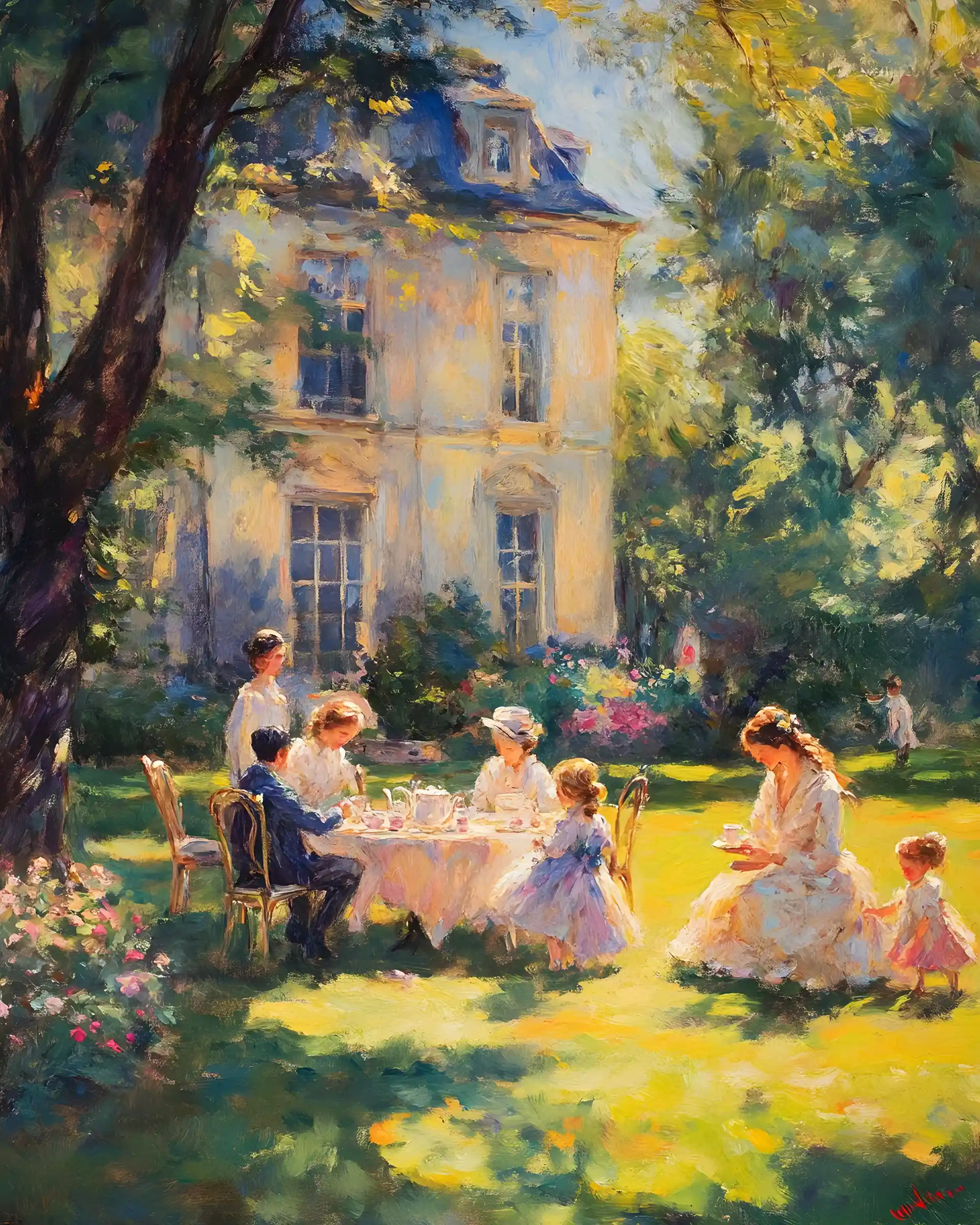 Regency guests taking afternoon tea in a manor garden