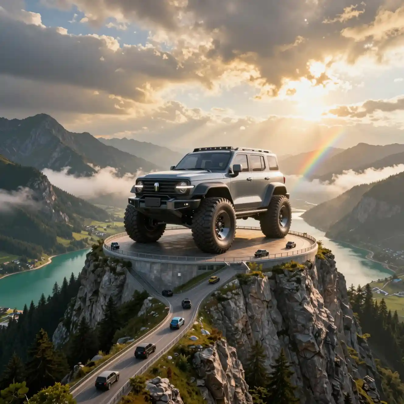 Gigantesco monumento automobilistico futuristico sulla vetta di una montagna all’alba