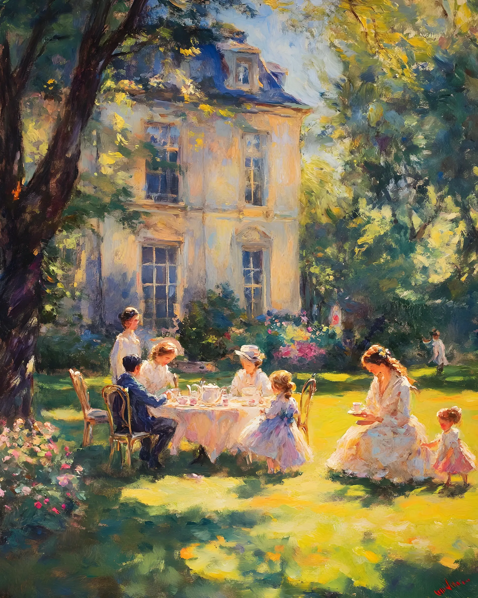 Regency guests taking afternoon tea in a manor garden