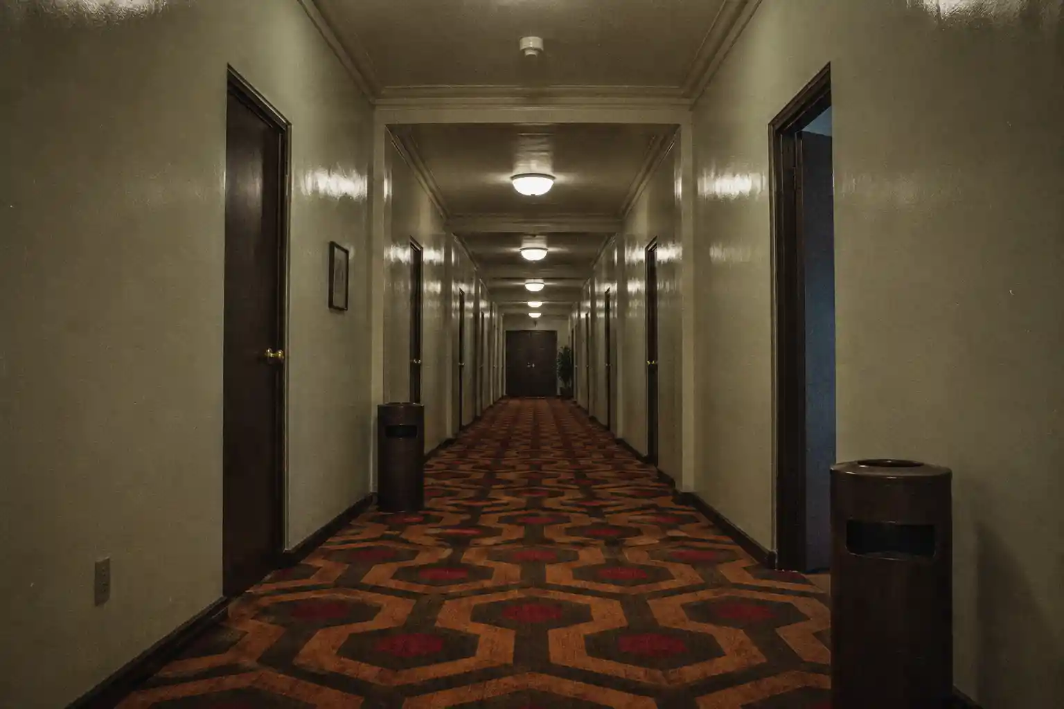 Grainy 1970s hotel corridor in stark one point perspective