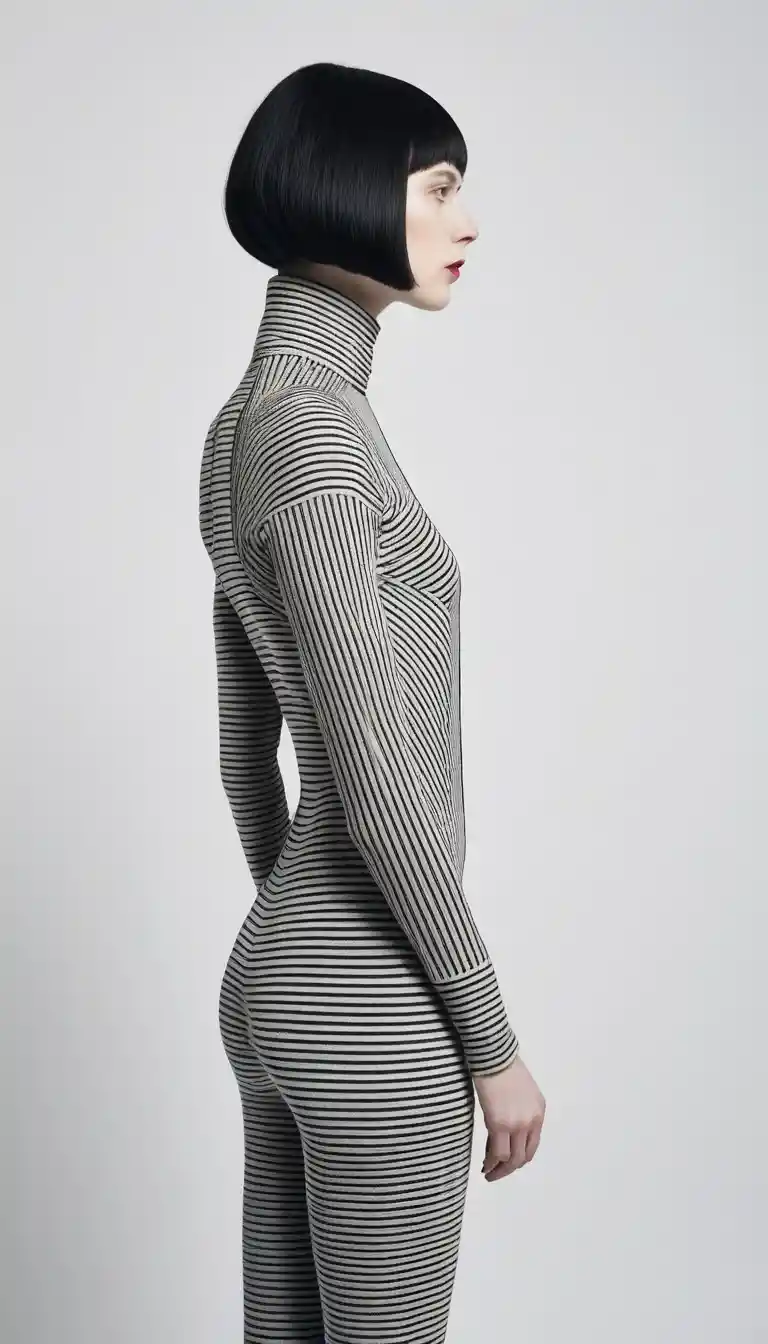 Monochrome woman in striped bodysuit side profile fashion portrait